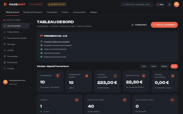 Tableau de bord de l'espace photographe Paceshot : commandes, chiffre d'affaires, panier moyen et premiers pas