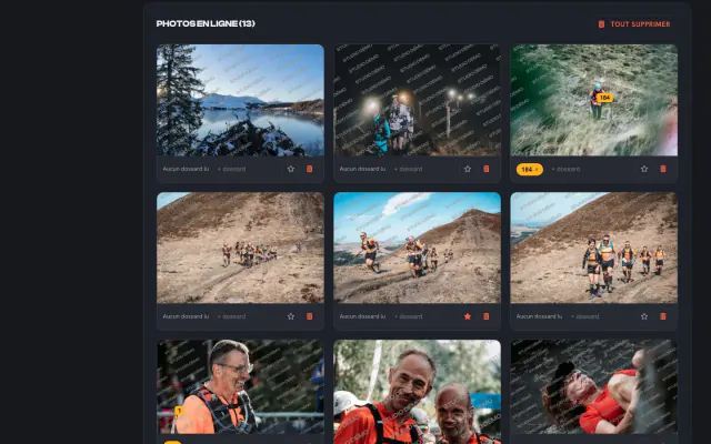 Photos d'une course importées dans l'espace photographe, avec le dossard lu sur chaque photo