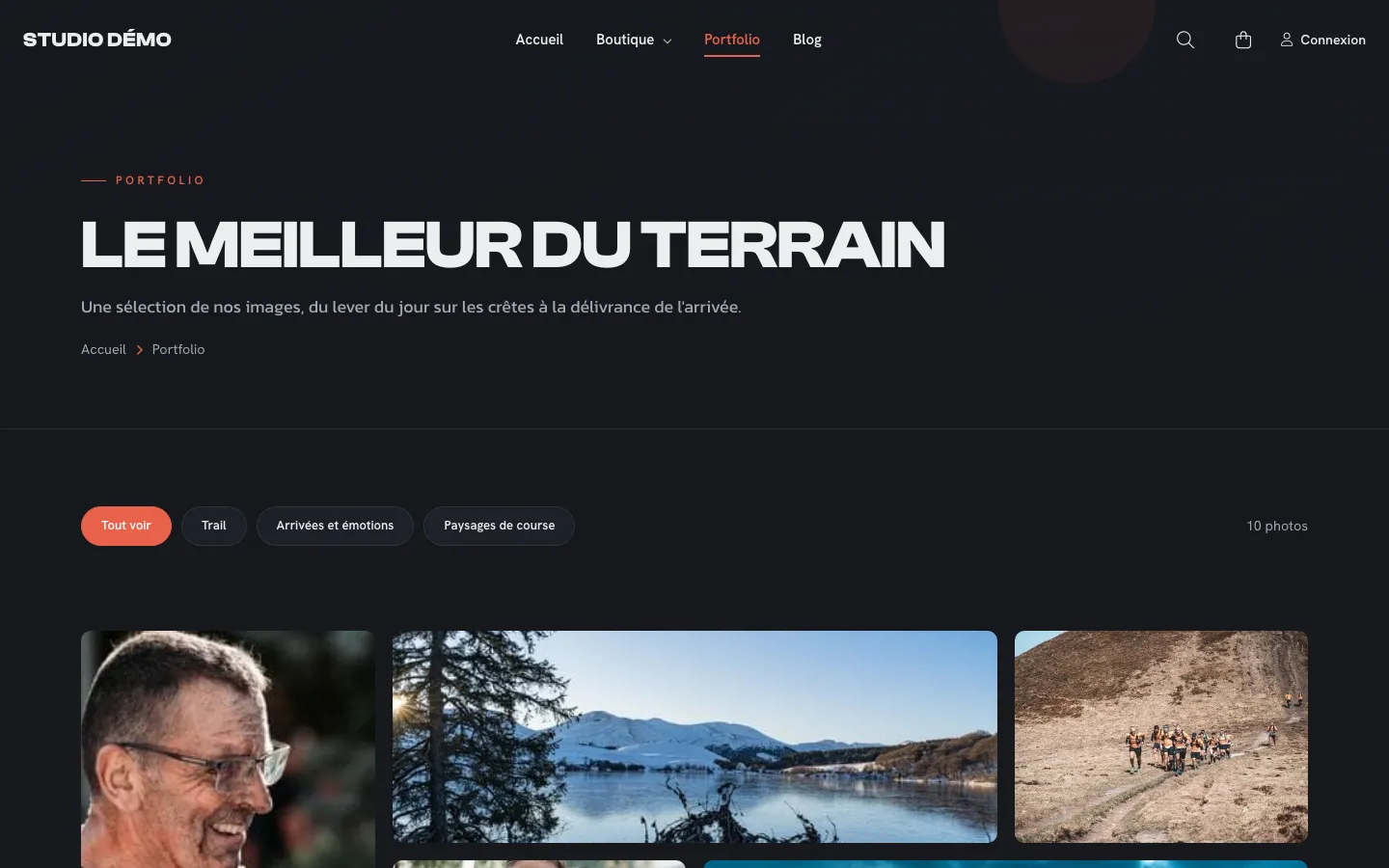 Page Portfolio d'une boutique de démonstration : « Le meilleur du terrain », catégories Trail, Arrivées et émotions, Paysages de course