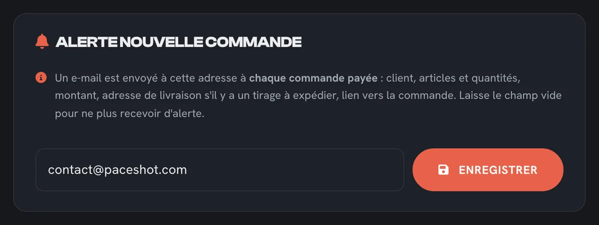 Réglage de l'alerte nouvelle commande : adresse e-mail de réception