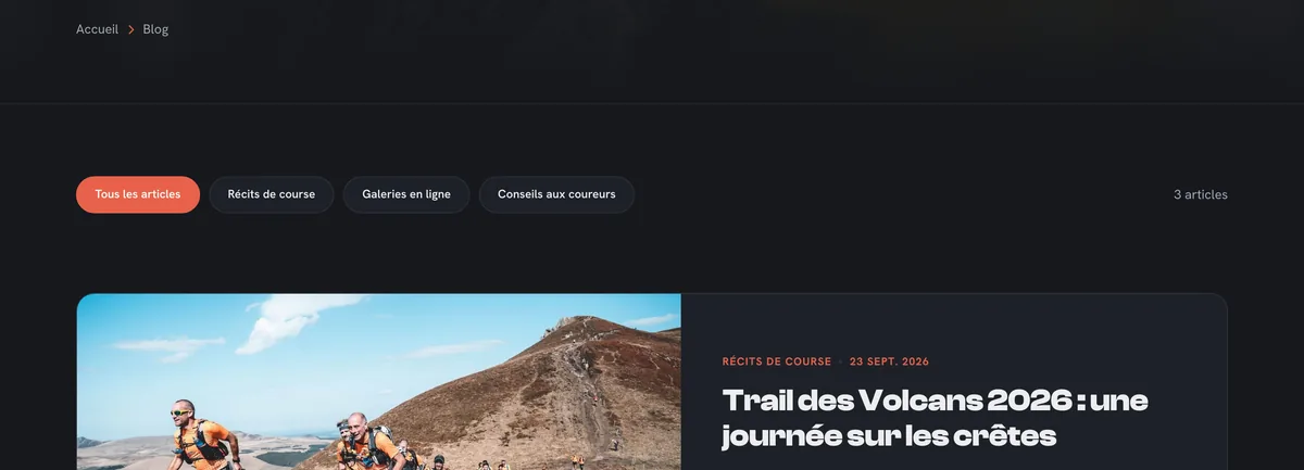 Page Actualités d'une boutique : filtres par catégorie et article mis en avant