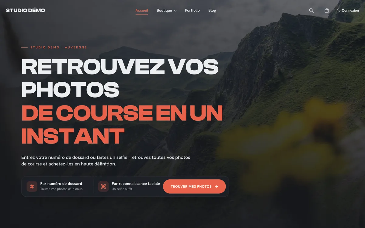 Page d'accueil d'une boutique de photographe : « Retrouvez vos photos de course en un instant »
