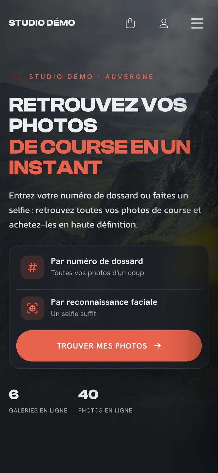 Accueil d'une boutique sur téléphone : recherche par numéro de dossard ou par reconnaissance faciale
