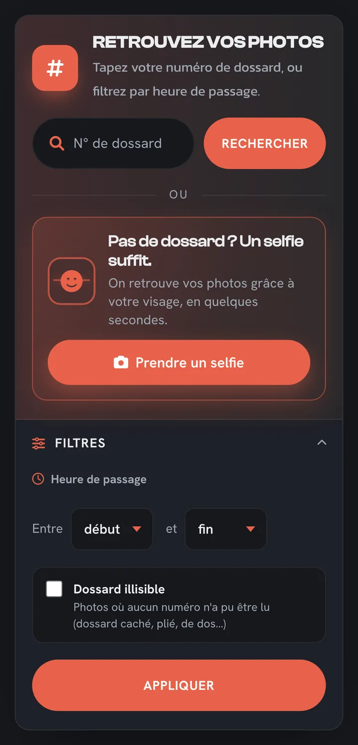 Filtres d'une galerie : heure de passage et dossard illisible
