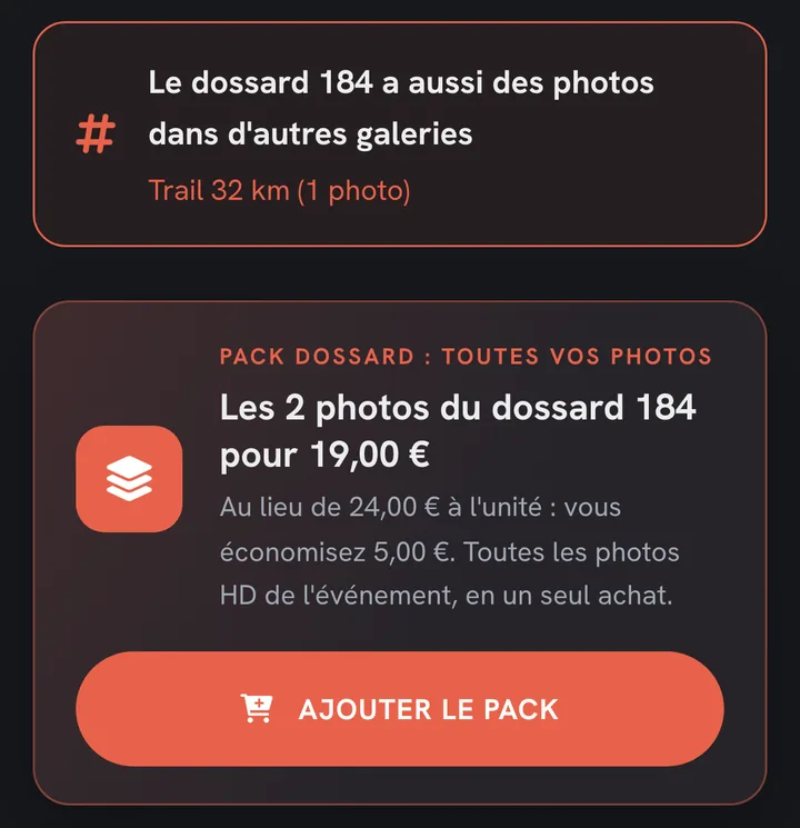 Offre « Pack dossard » vue par un coureur : les 2 photos du dossard 184 pour 19 €