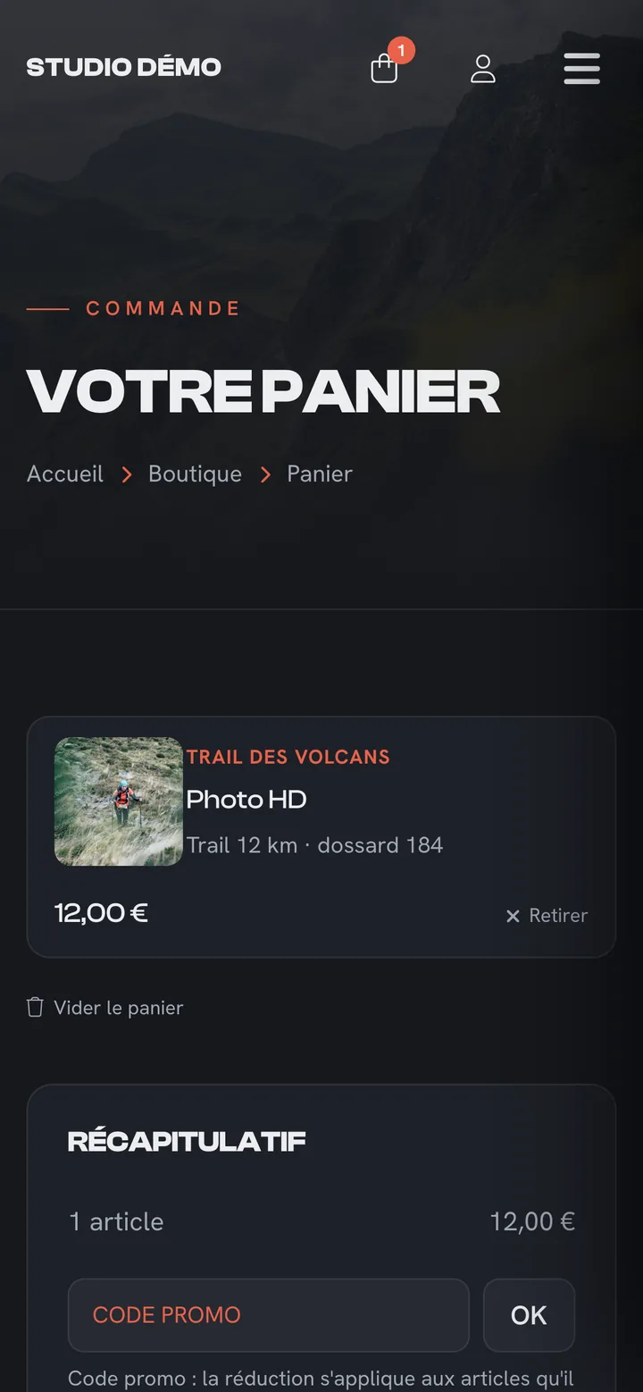 Panier d'une boutique sur téléphone : photo HD, récapitulatif et code promo