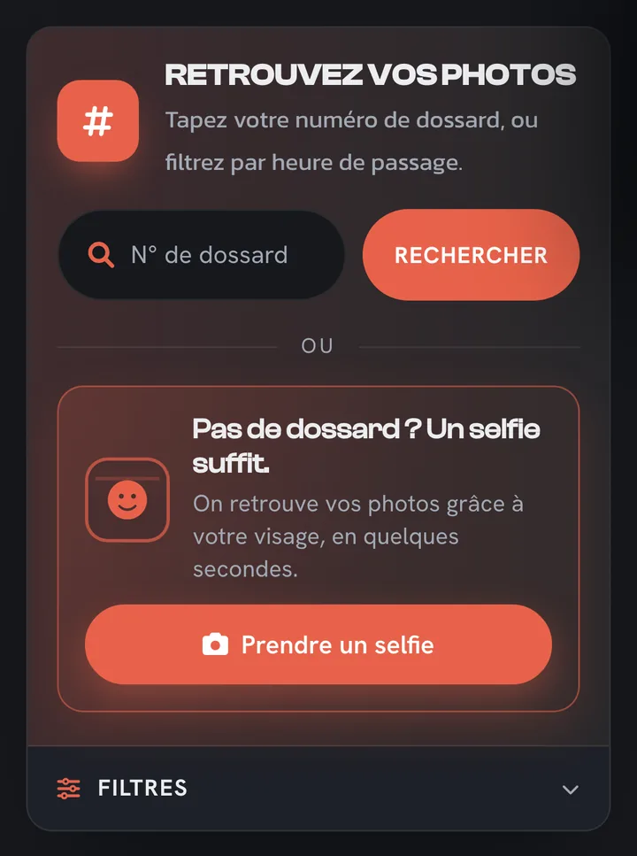 Recherche d'une galerie sur téléphone : numéro de dossard ou selfie