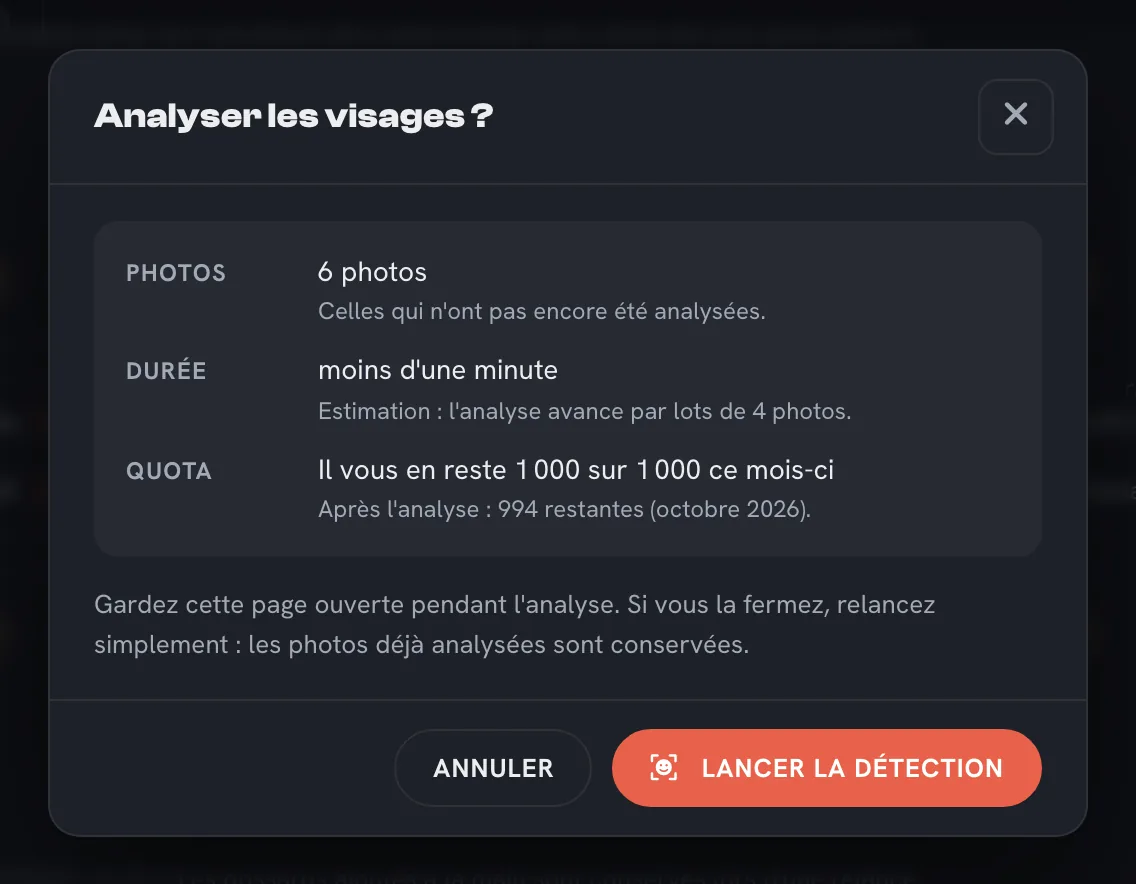 Fenêtre « Analyser les visages ? » : photos concernées, durée estimée et quota restant du mois