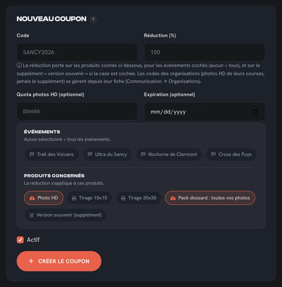 Création d'un code promo : code, réduction, quota, expiration, événements et produits concernés