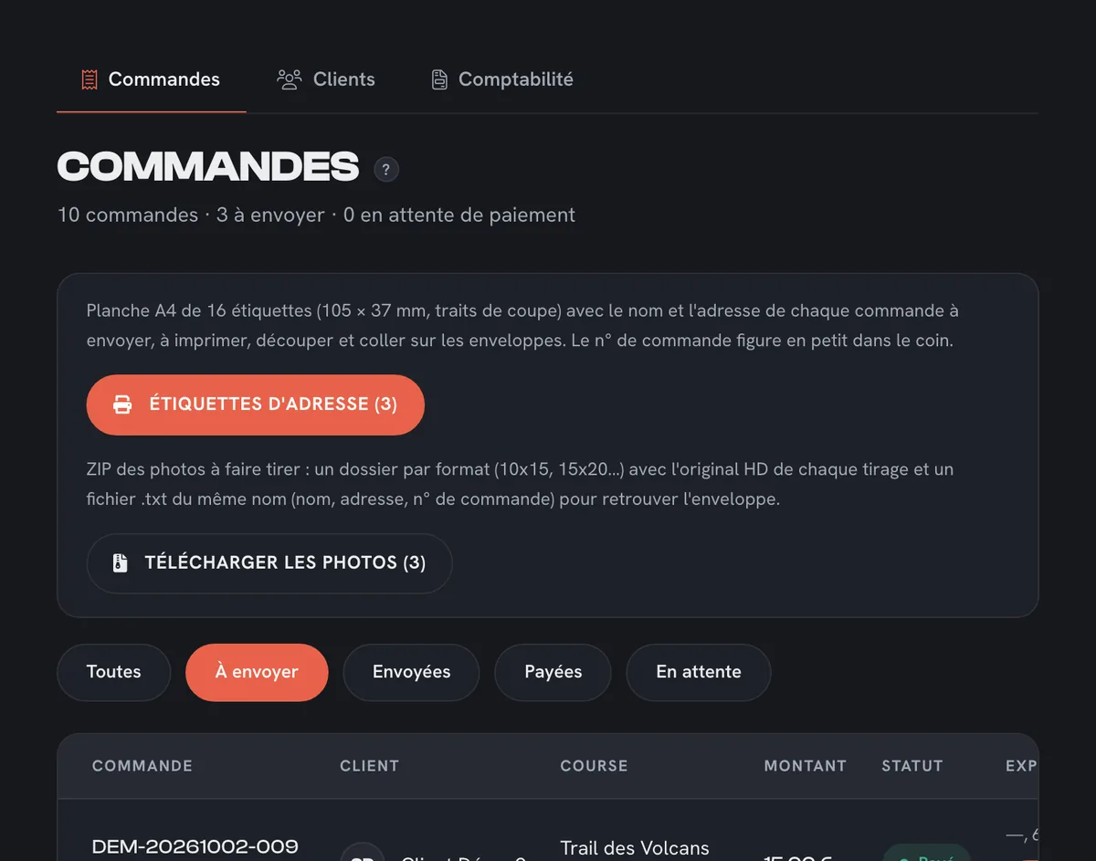 Commandes à envoyer : étiquettes d'adresse, téléchargement des photos à tirer, validation de l'envoi
