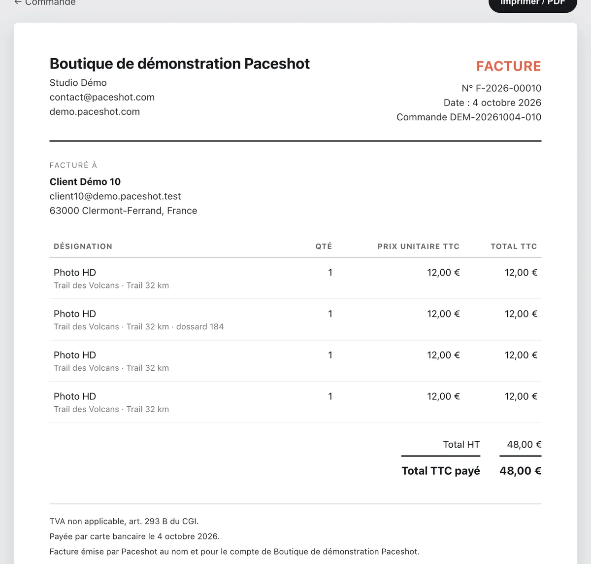 Facture d'une commande : vendeur, client, photos achetées, totaux