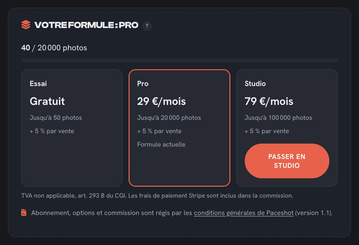 Choix de la formule : Essai, Pro et Studio
