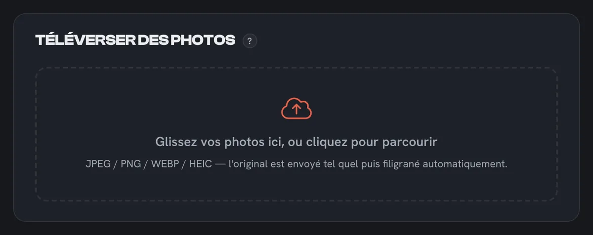 Zone d'import des photos d'une course dans l'espace photographe
