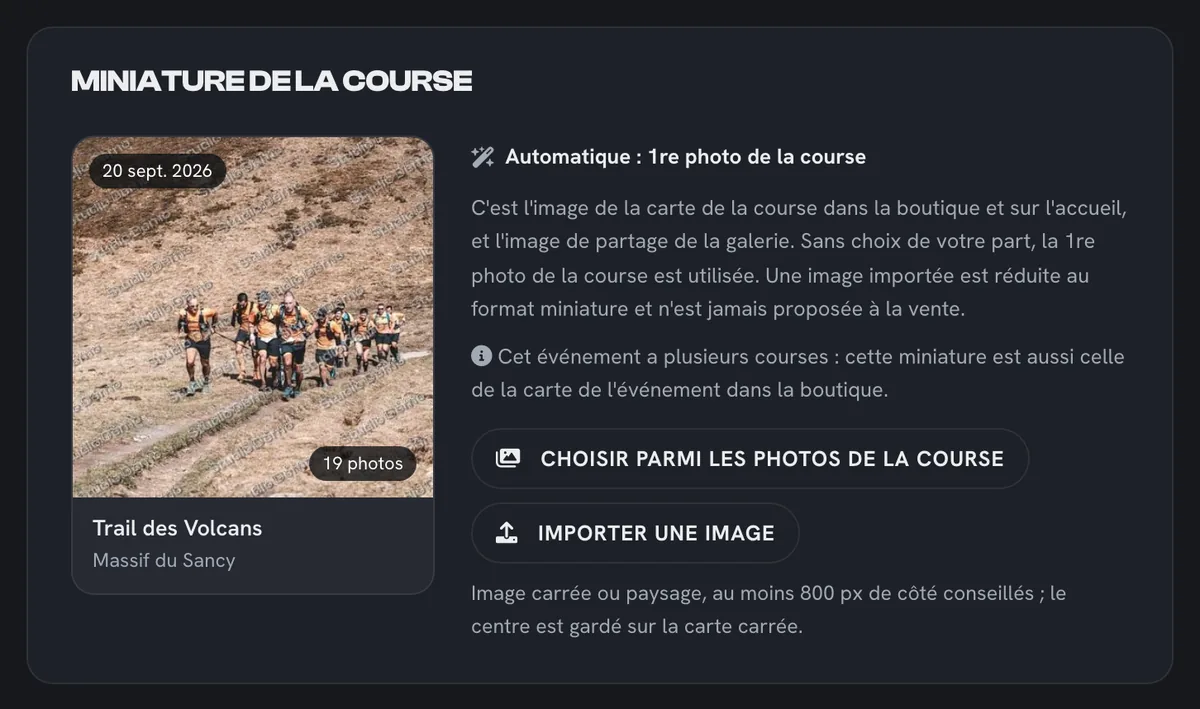 Bloc « Miniature de la course » : aperçu de la carte, choix parmi les photos de la course ou import d'une image