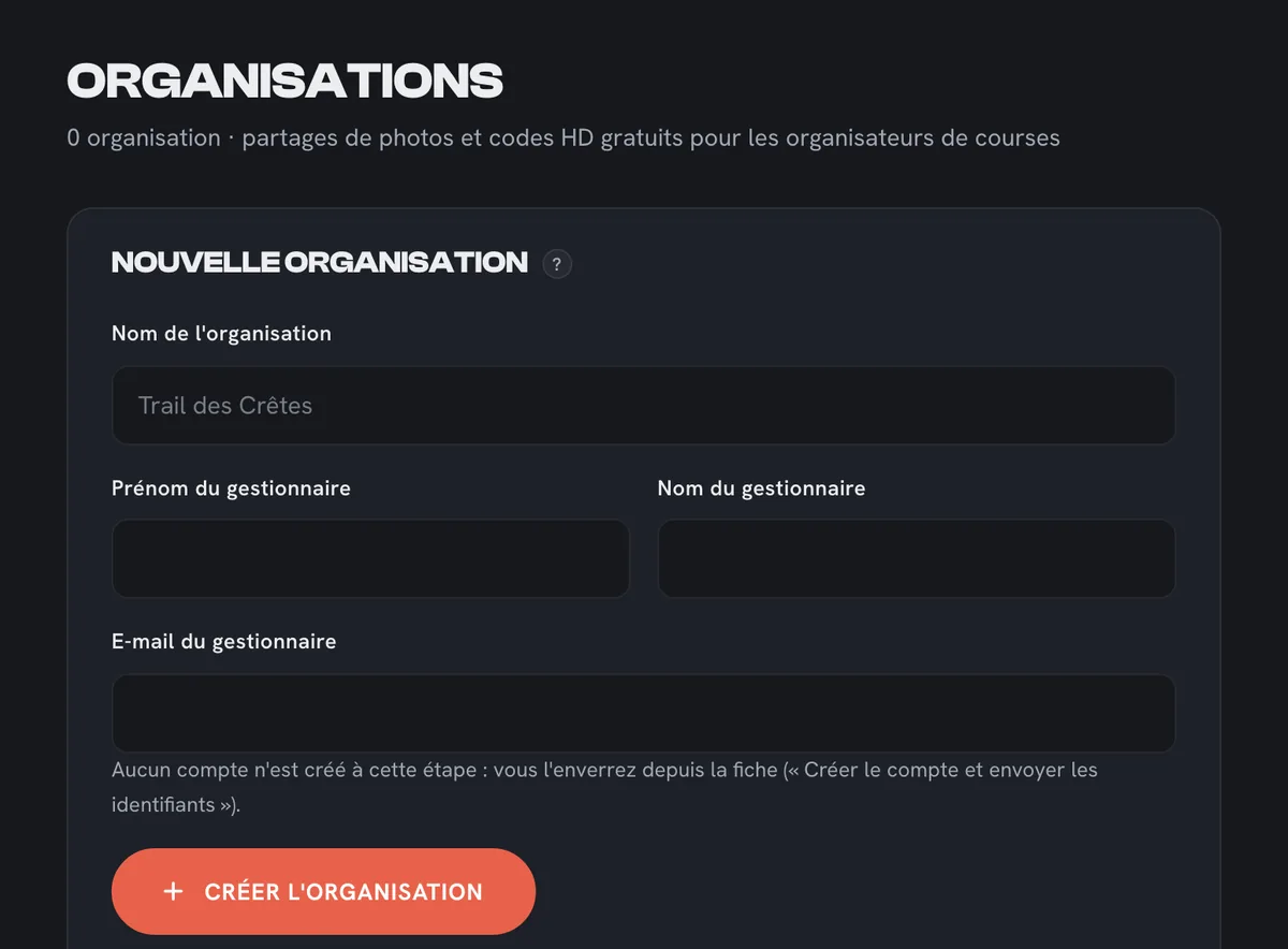 Organisations partenaires : création d'une organisation et de son gestionnaire
