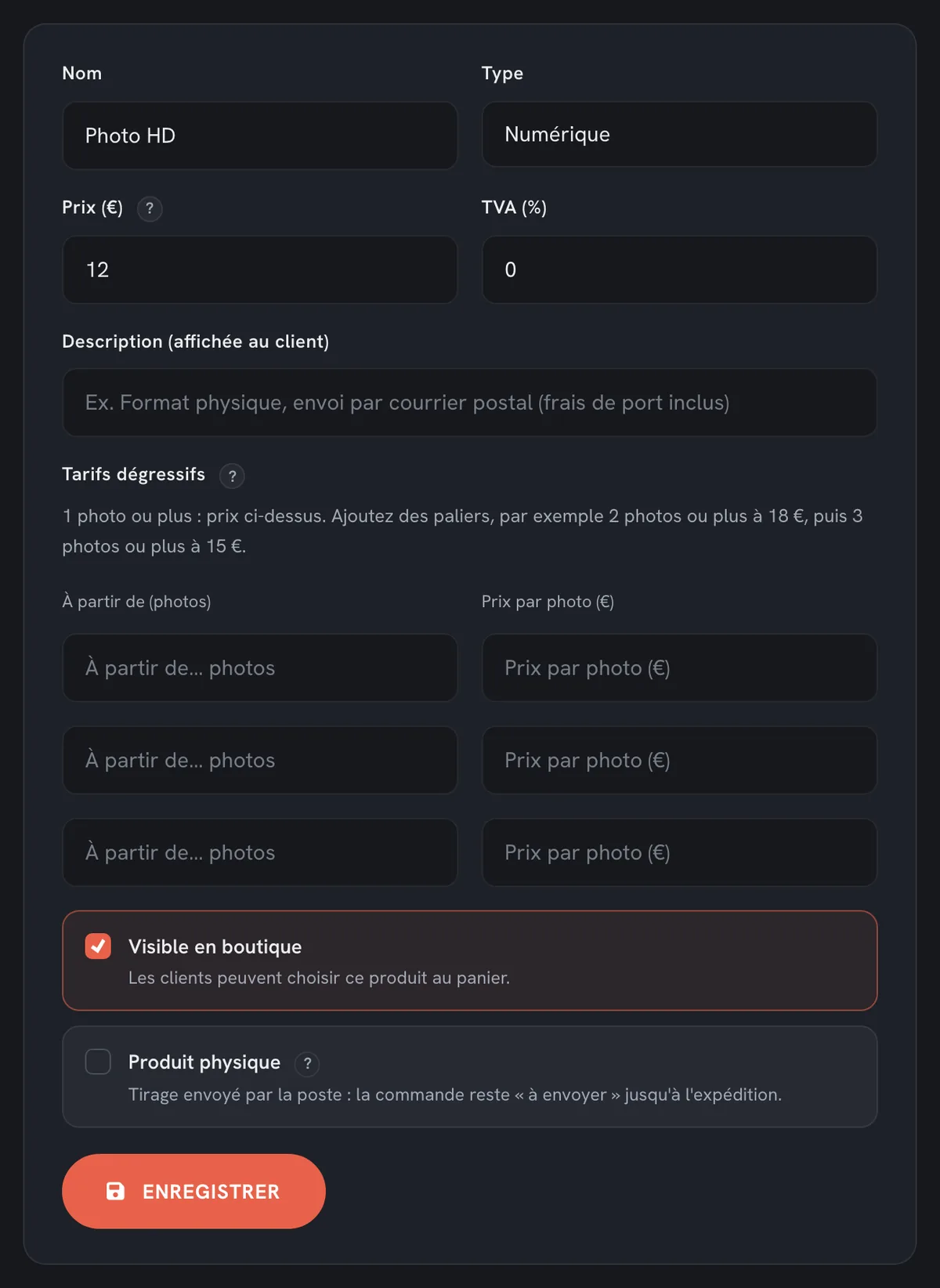 Fiche d'un produit : nom, type, prix, TVA, paliers de tarifs dégressifs