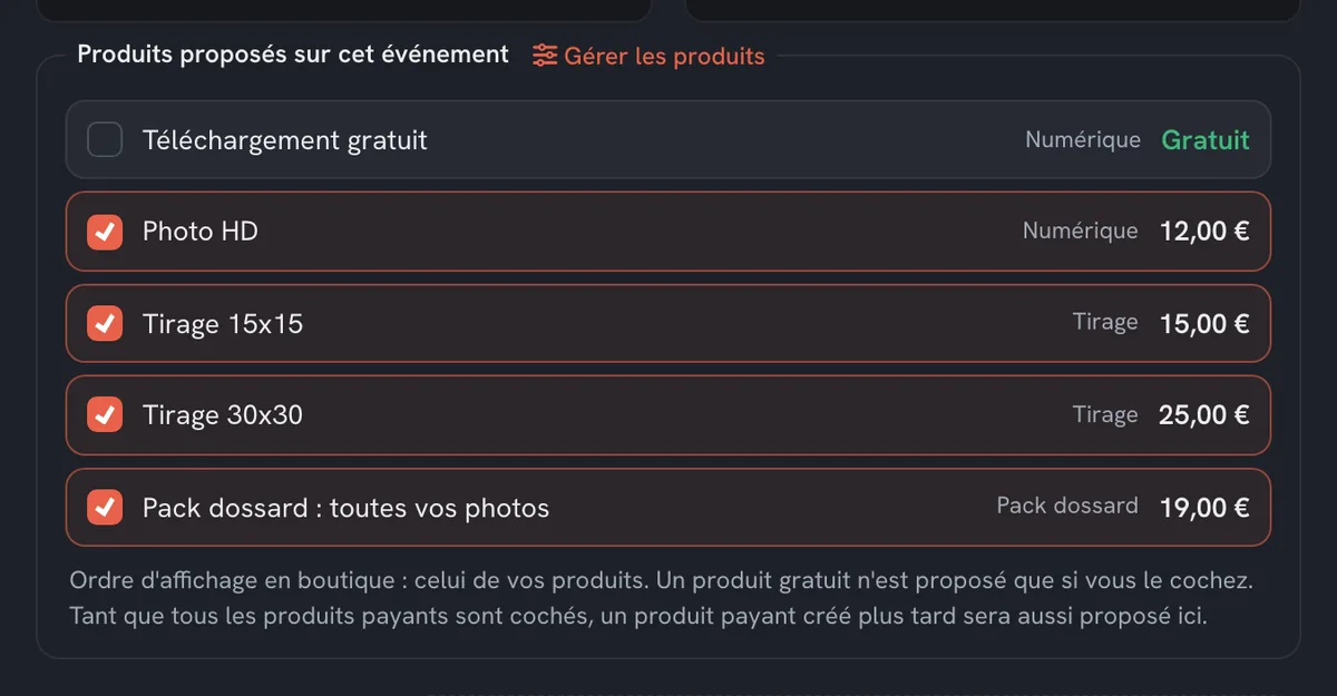 Cases « Produits proposés sur cet événement » : téléchargement gratuit, photo HD, tirages, pack dossard