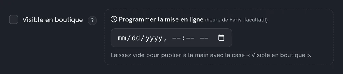 Encart « Programmer la mise en ligne » d'un événement, à côté de « Visible en boutique »