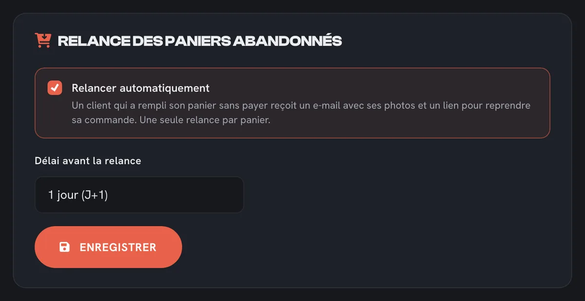 Réglage de la relance des paniers abandonnés : relance automatique et délai avant la relance