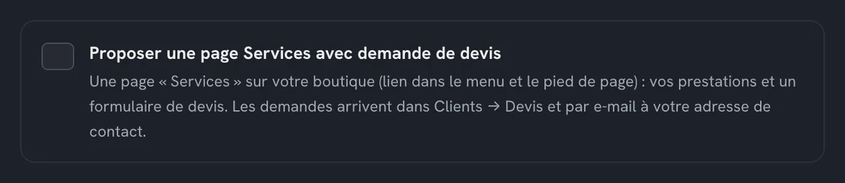 Case « Proposer une page Services avec demande de devis » dans Mon studio