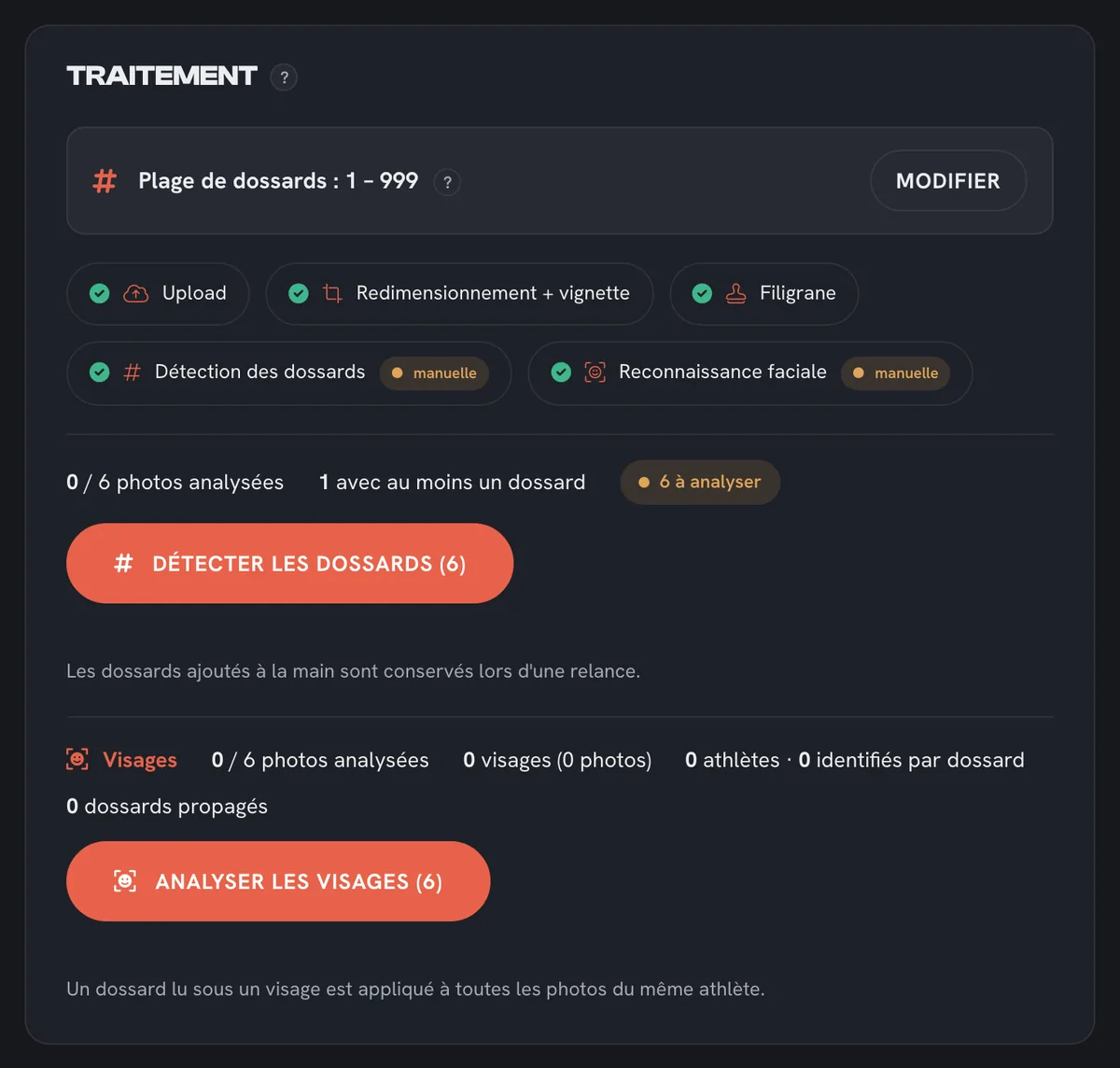 Panneau de traitement d'une course : plage de dossards, étapes, détection des dossards et analyse des visages