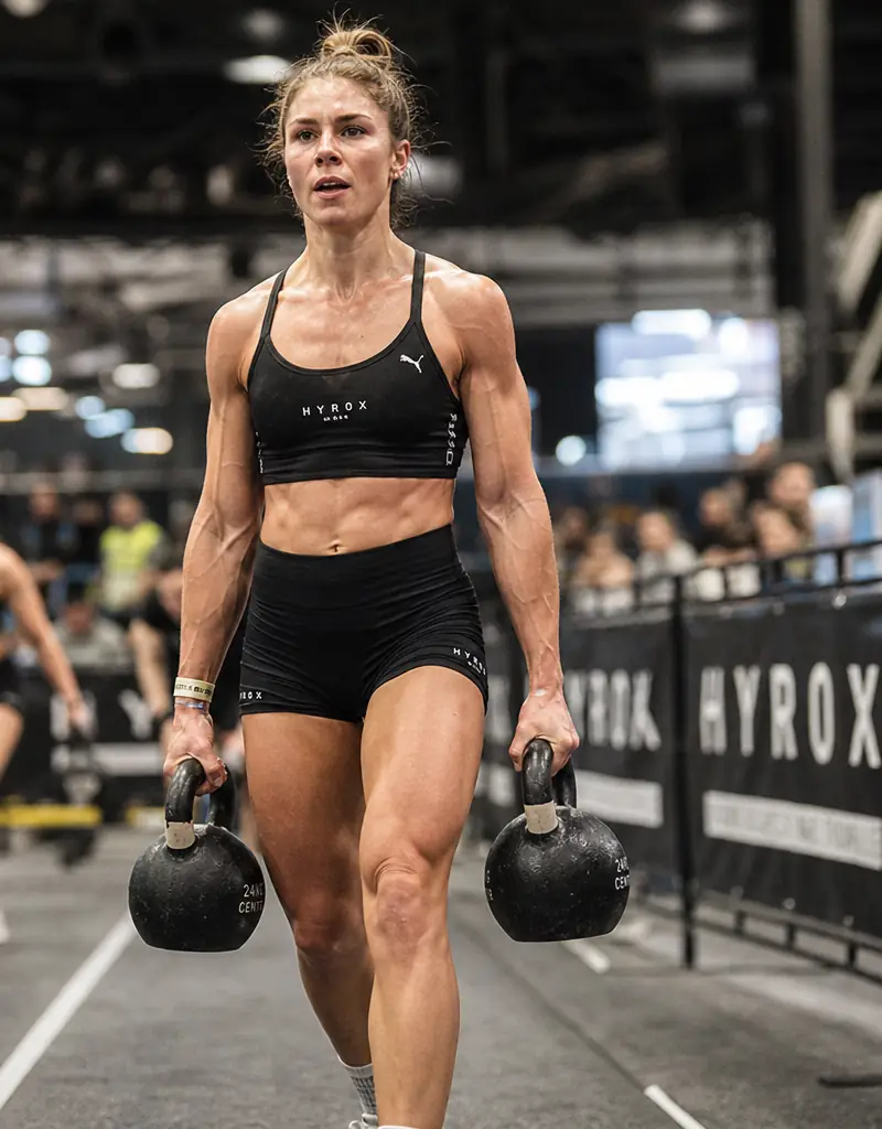 Athlète Hyrox portant deux kettlebells pendant une course de fitness en salle