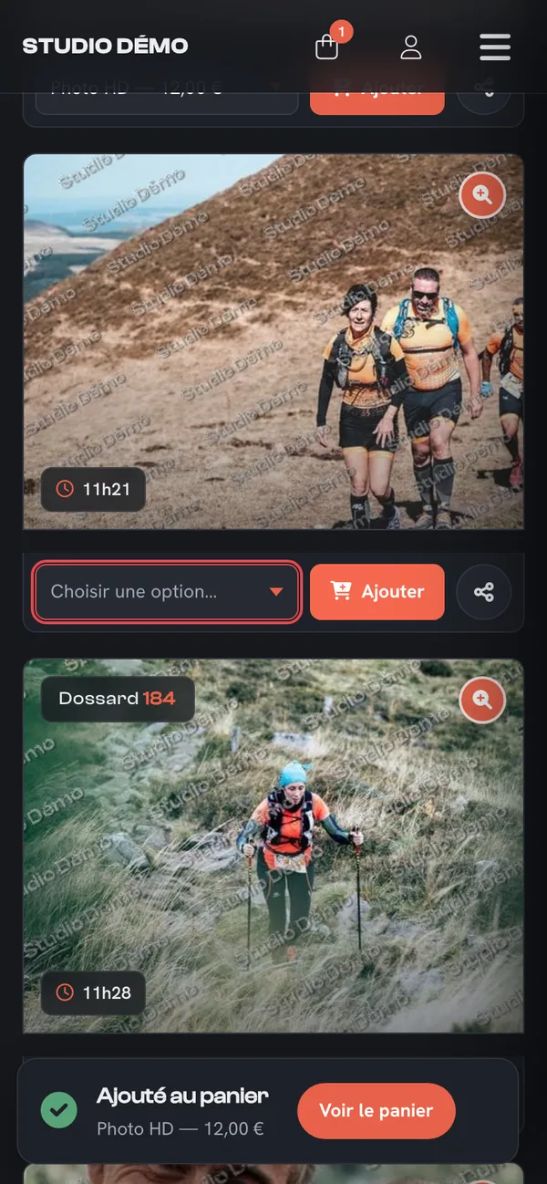 Photo HD à 12 € ajoutée au panier depuis la galerie, sur téléphone