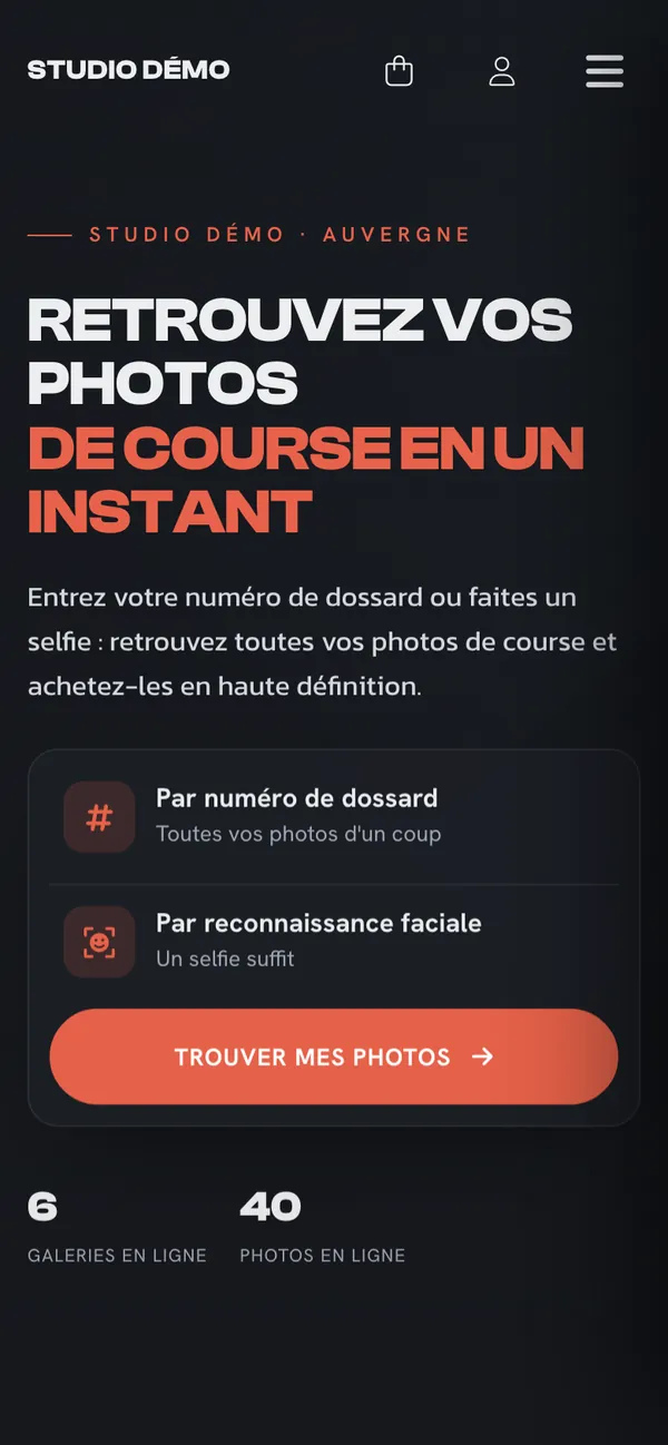 Accueil de la boutique sur mobile&nbsp;: recherche par numéro de dossard ou par selfie