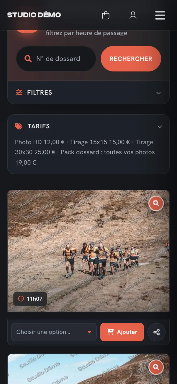Galerie sur mobile&nbsp;: recherche par dossard, filtres et tarifs (photo HD 12&nbsp;€, tirages, pack dossard 19&nbsp;€)