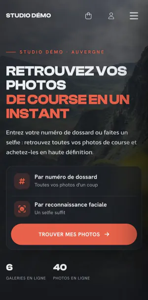 Accueil d'une boutique sur téléphone&nbsp;: recherche par numéro de dossard ou par reconnaissance faciale