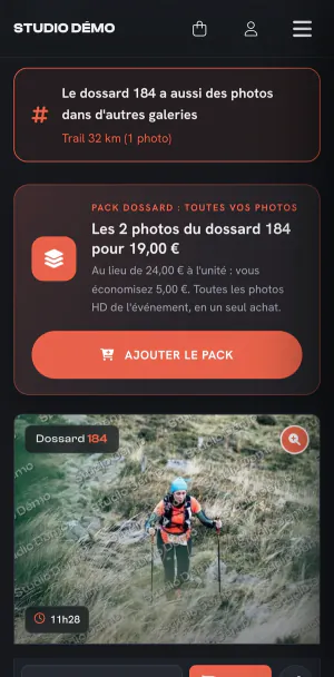 Recherche du dossard 184 sur téléphone&nbsp;: pack de toutes ses photos proposé à prix réduit